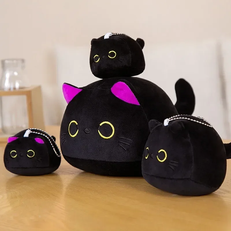 

10/15/25 см Kawaii приятный черный кот плюшевая кукла мультфильм мягкий круглый шар кошка плюшевая сумка для девочек брелок кулон игрушки украшения