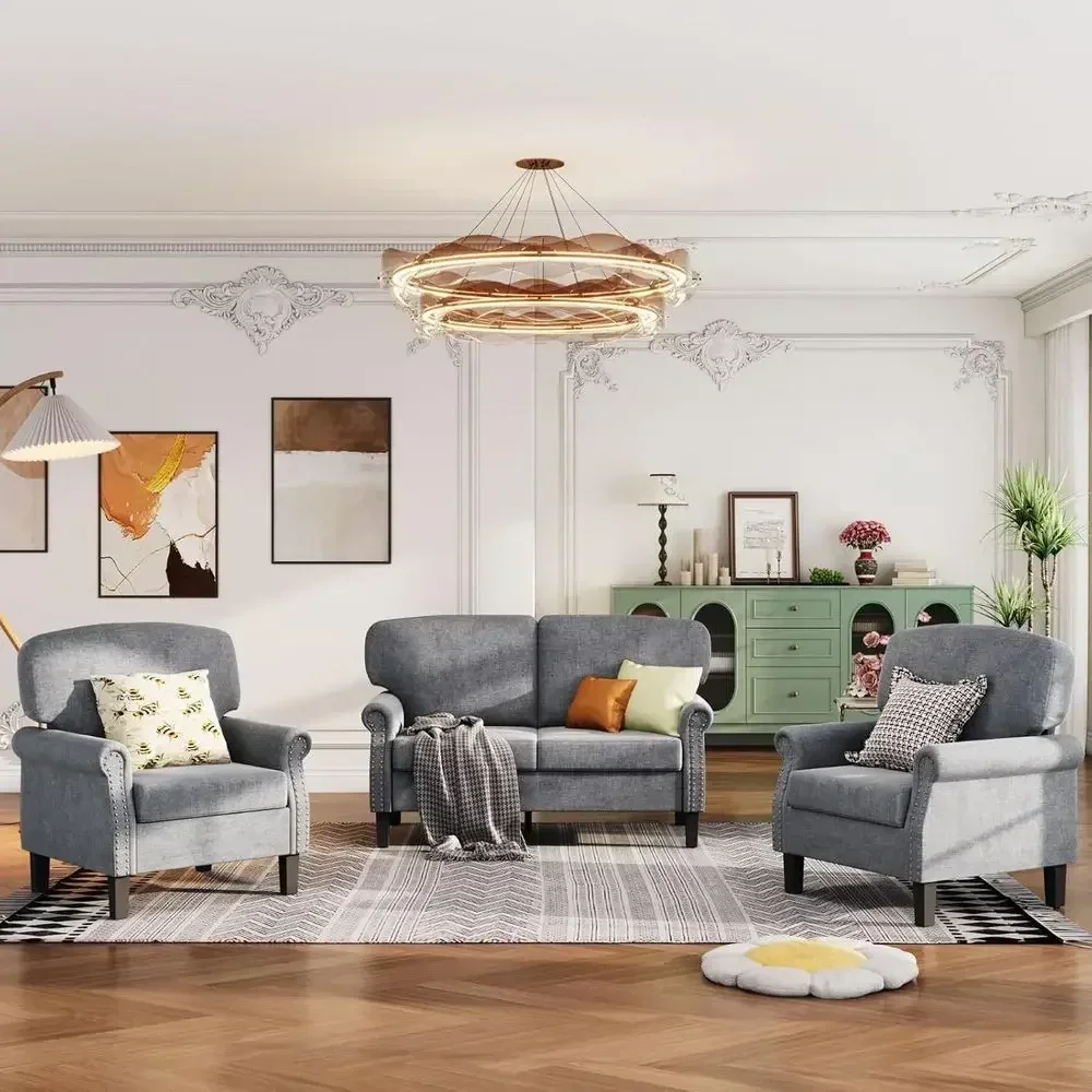 3 Piece Living Room urniture Set, 1 Loveseat & 2 Accent Chairs, Linen abric Comy Sectional Soa Couch or Living Room, Bedroom, Gr