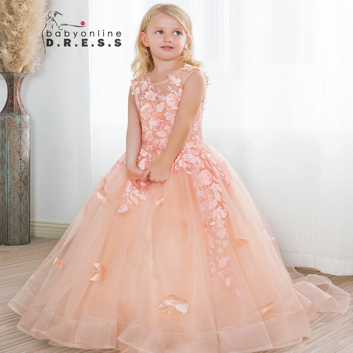 

BABYONLINE Pink Flower Girl Dress Tulle Skirt Bow Princess Wedding Party Dresses Elegant Child Bridesmaid Communion Cloths فستان