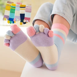 2 Pairs 2-10y Cute Striped Toe Socks Girls Boys Mildde Tube Cotton Five Finger Socks Kids Children Crew Socks Toddlers