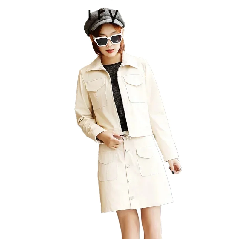 Genuine Sheepskin Leather Skirt Sets for Women Summer Female Mini Skirts Real Leather Jackets Women Mujer Chaqueta Zjt2556