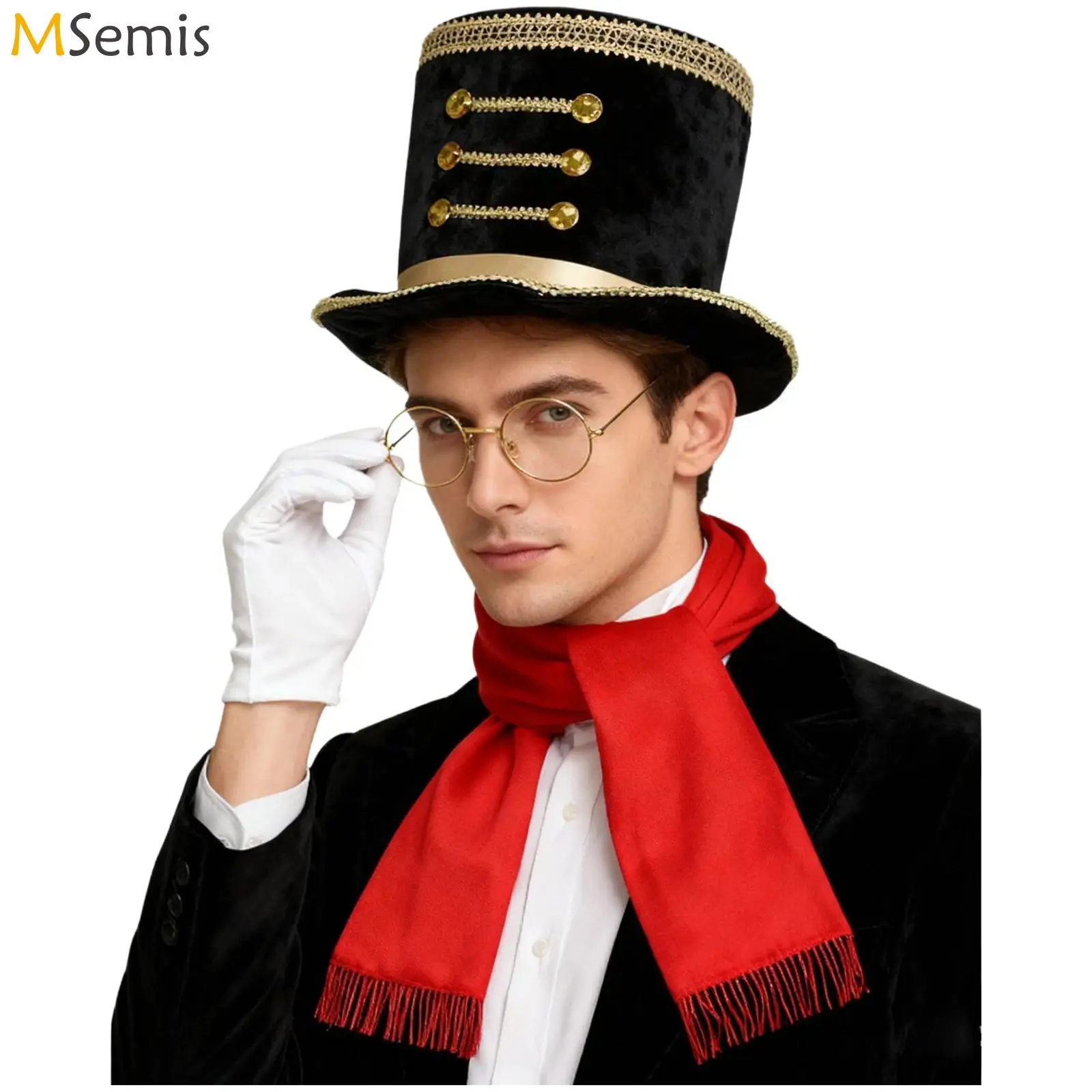 4 pezzi per bambini cappello da mago per adulti elegante berretto da jazz festa cosplay accessori per costumi da circo pupazzi di neve cappello a cilindro sciarpa occhiali e guanti