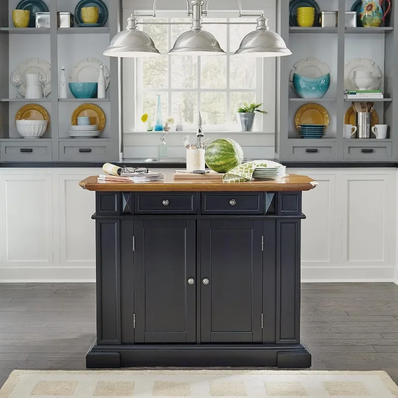 

American kitchen island with wooden countertop and foldable breakfast bar, storage cabinets with drawers and adjustable shelves