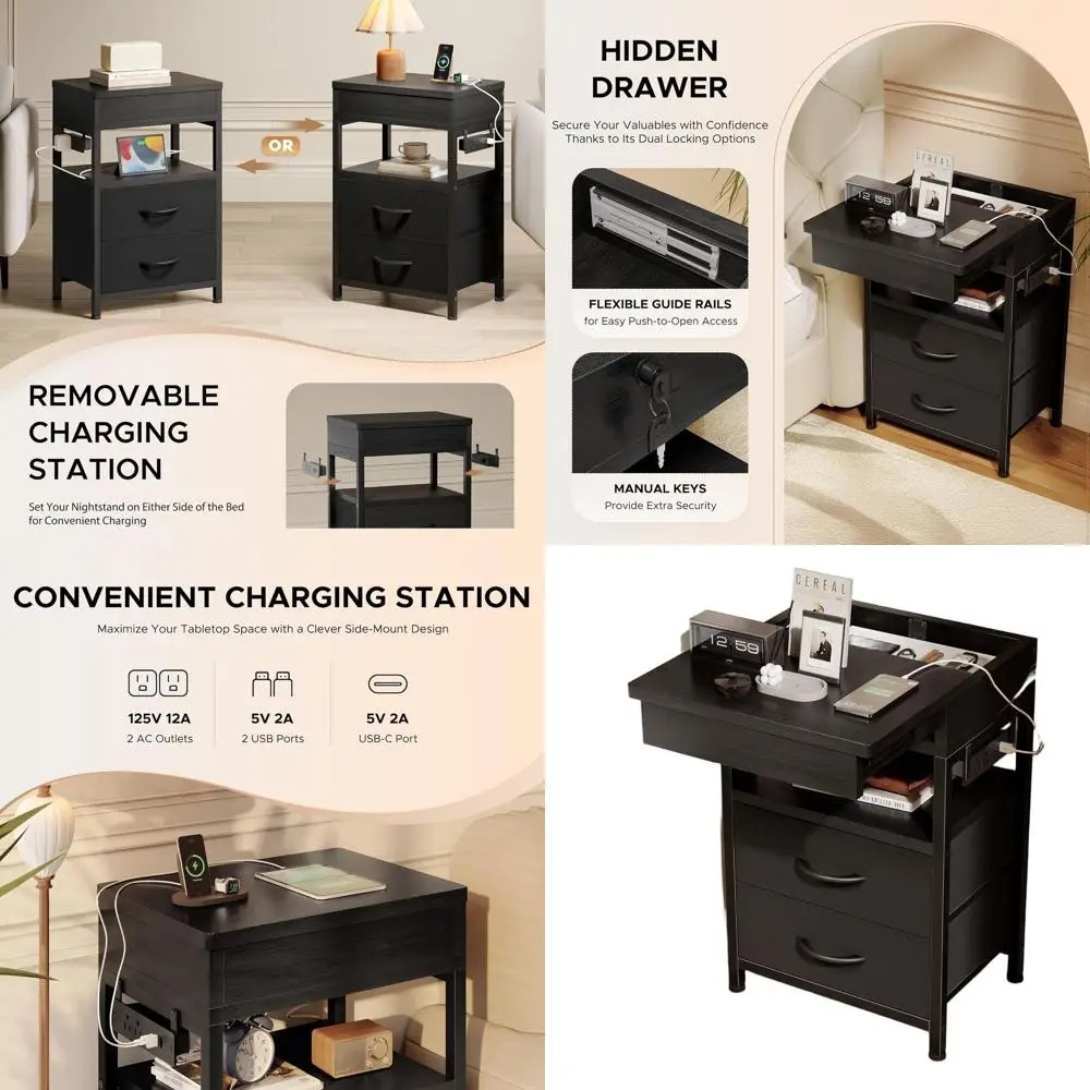 

Modern Charging Nightstand with Sliding Top and 2 Fabric Drawers, Black