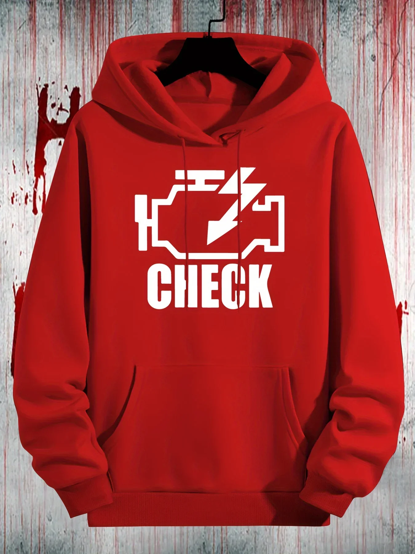 Car Engine Trouble Light CHECK Slogan Graphic Front‑Print Hoodie Auto Mechanic Hobby Oversized Pullover