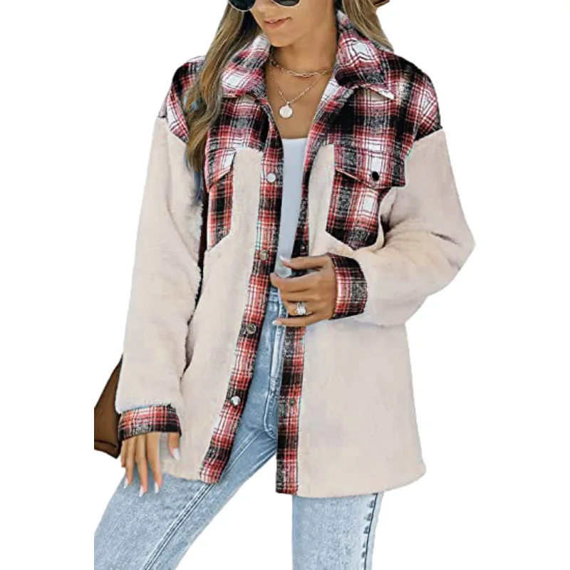 2024 cross-border women's autumn/winter new women's lapel single breasted color patchwork plaid fleece coat