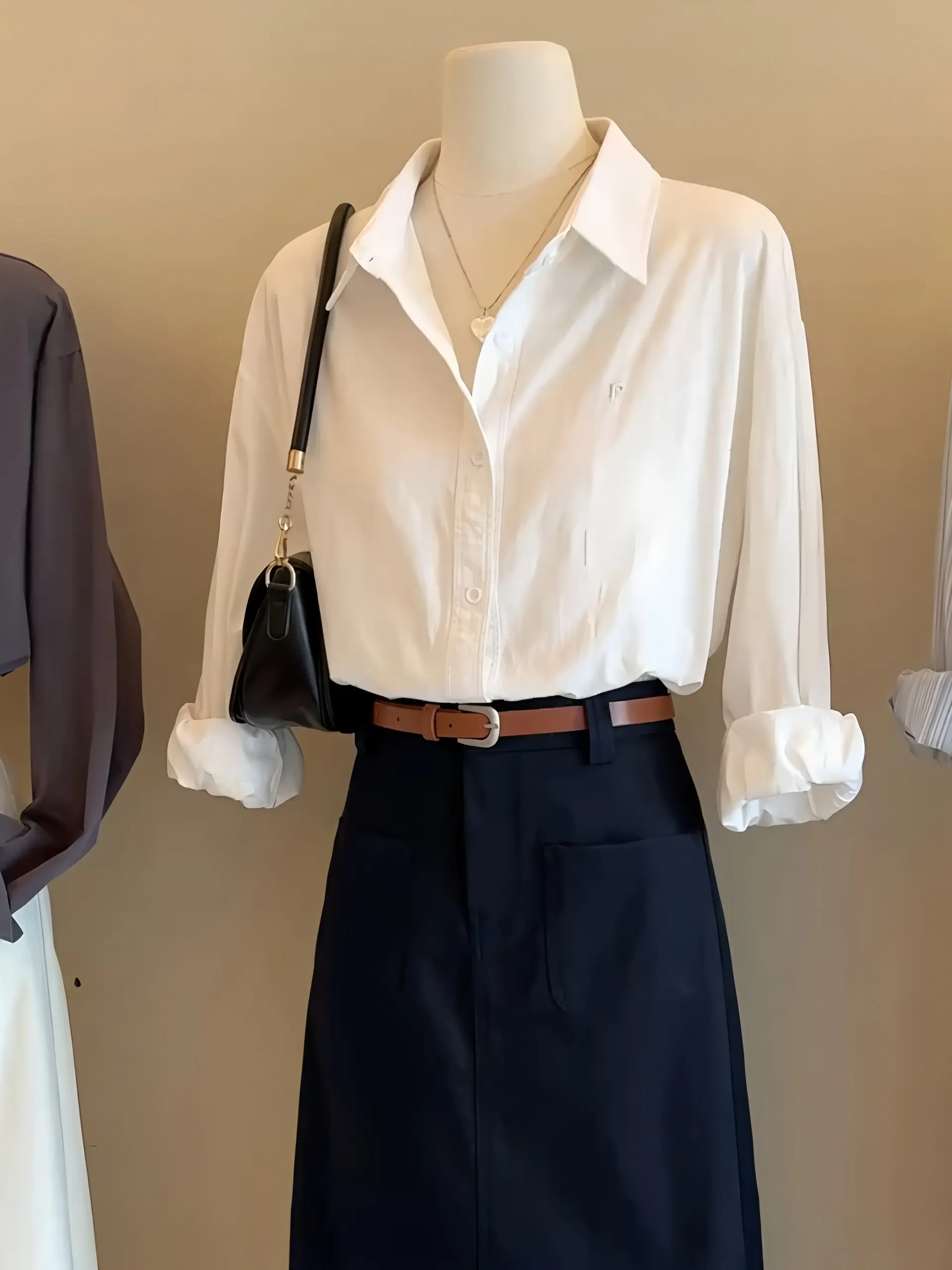 

Commute Simple Style White Long Sleeve Shoulder Shirt Women Summer Loose Collar Personality Professional Match Drapey Top