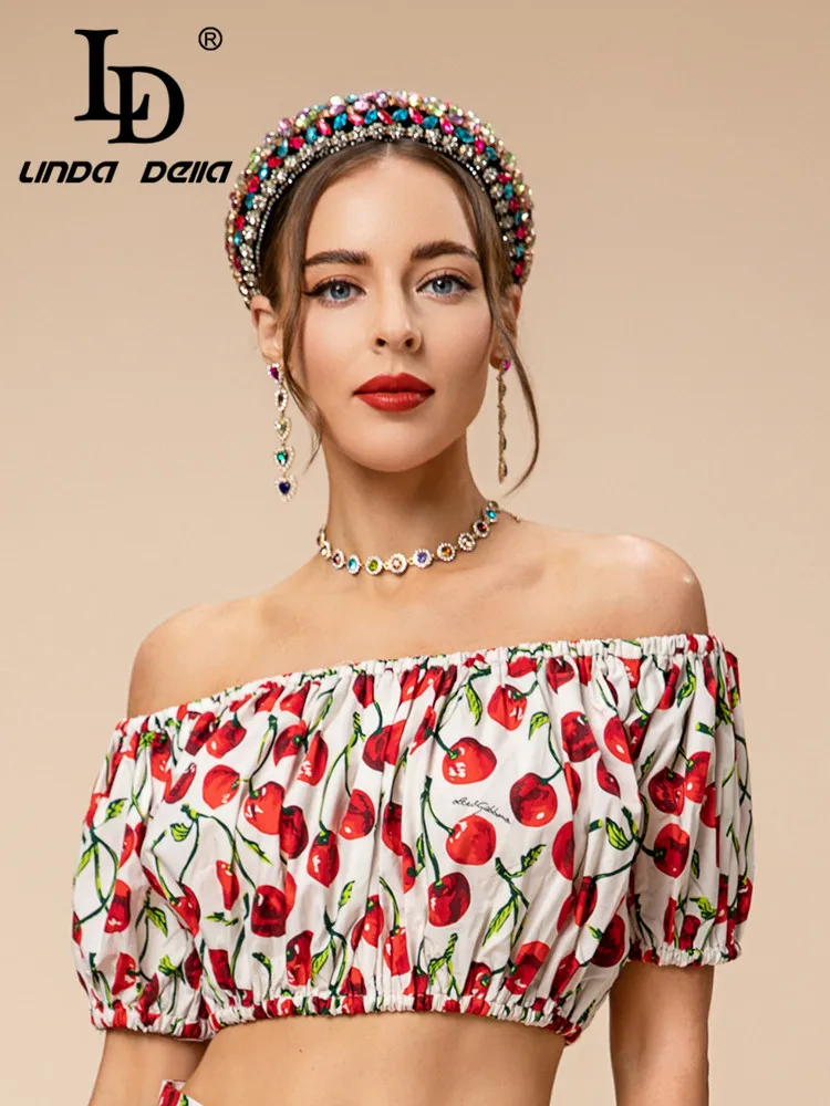 LD LINDA DELLA Summer Flower Color Pure Cotton Elasticity short Top Women's Fruit Print Sexy Puff Sleeve Go on holiday Top