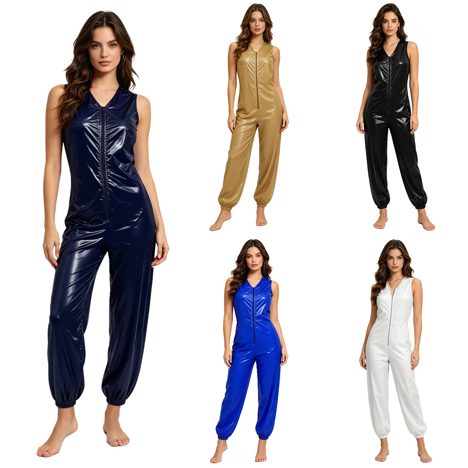 Unisex Adults Shiny Metallic Waterproof Diaper Cover Sleeveless Zip Up Bodysuit Elastic One-piece Rompers Adaptive Jumpsuit