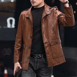 Genuine Leather Windbreaker For Men Top Layer of Oil Wax Sheepskin Jacket Male Casual Pocket Retro Brown Coat For Winter