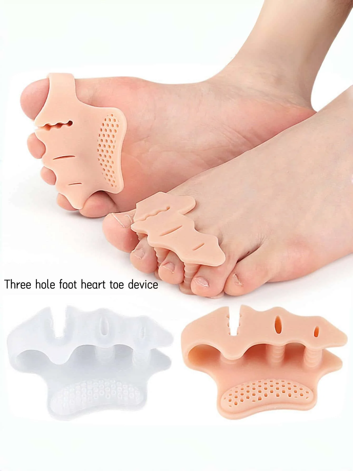

1 pair of split-toe forefoot cushions with three holes to prevent overlapping toes, washable
