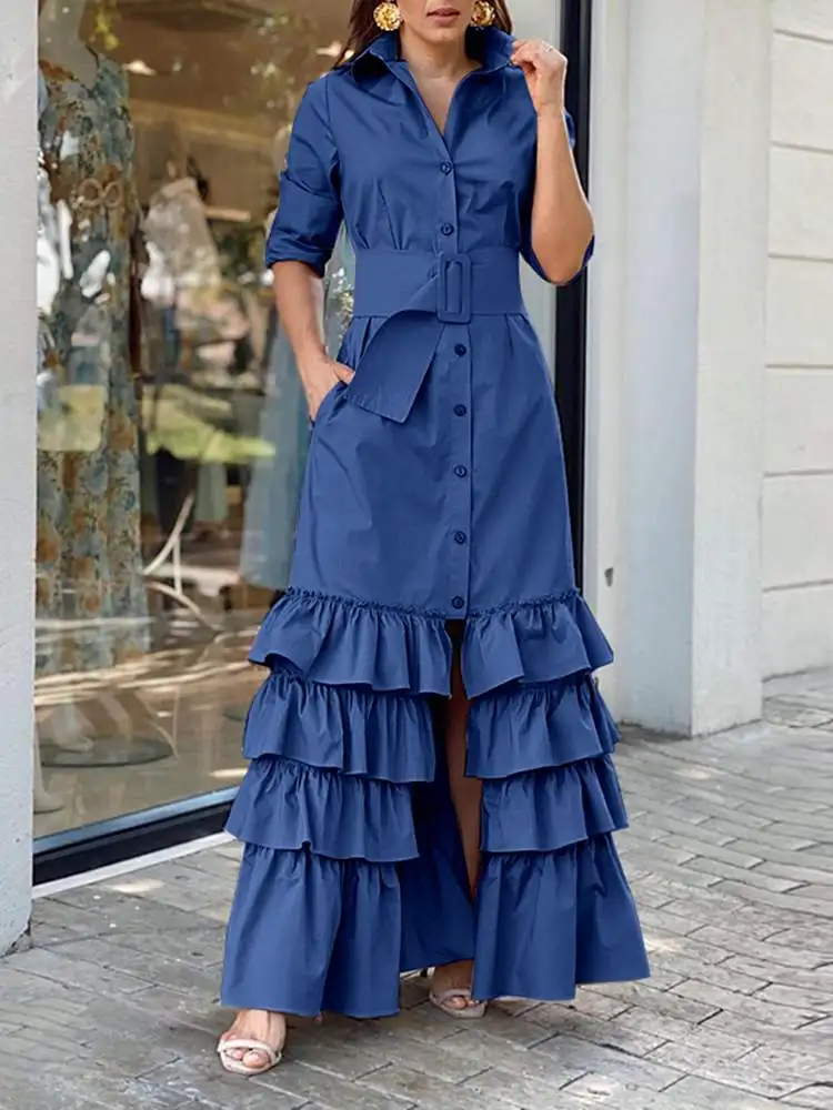 VONDA Women Ruffled Shirt Dress Autumn Party Maxi Dresses Ladies Long Sleeve Solid Bohemian Vestidos Lapel Button Down Sundress