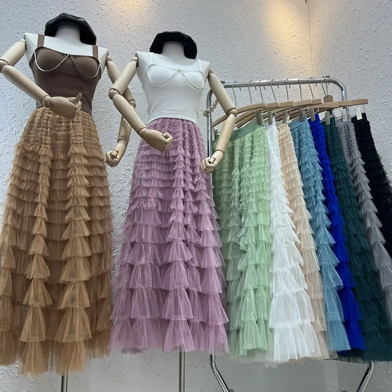 Faldas largas de cintura elástica para mujer, falda de pastel de malla francesa, faldas de línea a de doble cubierta, faldas de princesa informales, moda de verano