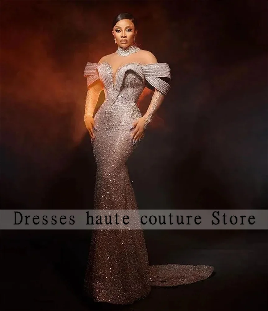 Aso Ebi Luxury Silver Lace Beaded Evening Dresses 2024 Lace up Back African Mermaid Prom Dress Custom Wedding Party Gown