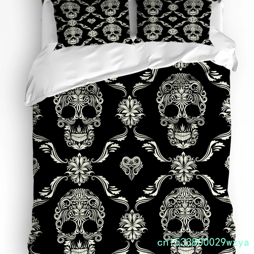 Halloween Flower Style Skull Paisley Black 3pcs Bedding Set For Double Bed Home Textile Duvet Cover Quilt Cover Pillowcase