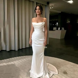 Vestidos de novia de sirena de satén blanco para mujer, vestido de novia de tren de barrido, longitud hasta el suelo de playa, personalizado a medida, impresionante