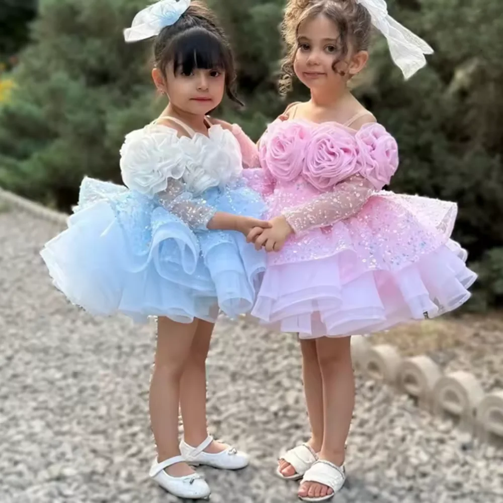 

Luxury Lace Flower Girl Dress with Long Sleeves for Toddler Kids - Princess Wedding Birthday Pageant Party Ball Gown