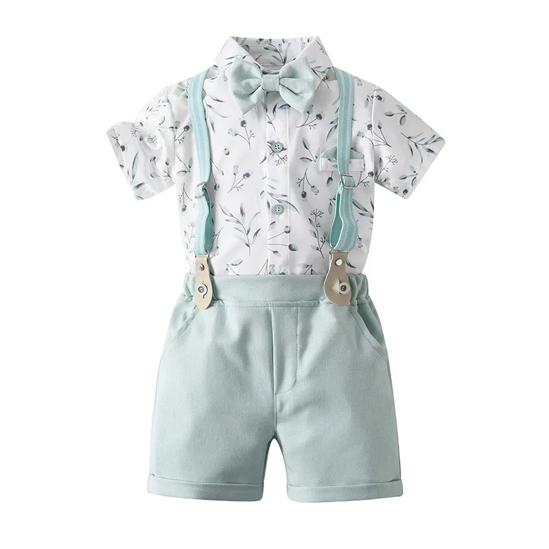 Toddler Boys Gentleman Summer Kids Outfit Floral Short Sleeve Shirt Suspender Shorts 2pcs Formal Costume Birthday Wedding Party