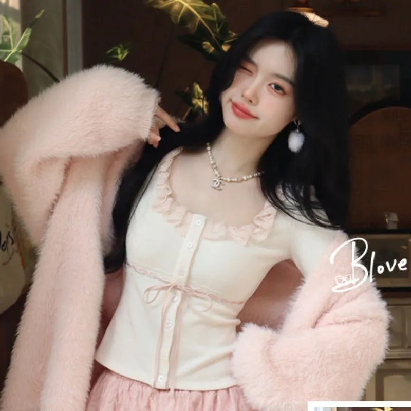 

Plus Size Women Sweet Square Neck T-shirt Lace Stitching Cardigan Short Waist 2024 New Spring Autumn Winter Bottoming Shirt Tees