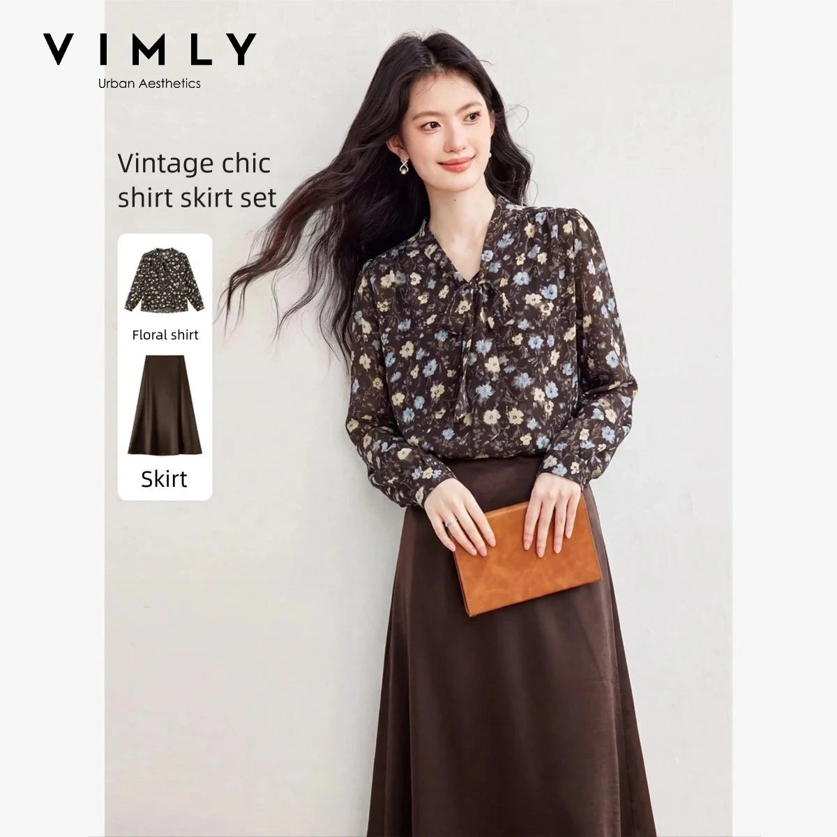 Midi Skirt Floral - VIMLY Dames Vintage Elegante Bruine Tweedelige