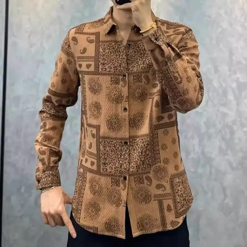 New Men Printed Lapel Long Sleeved Shirt for Autumn Winter Trendy and Versatile with Button Down Casual Shirt in Various Colors