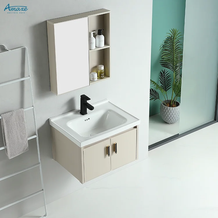 Wholesale Custom Two-door Modern New Design Aluminum Bathroom Furniture Wall Cabinet Vanity Set Washbasin Sink