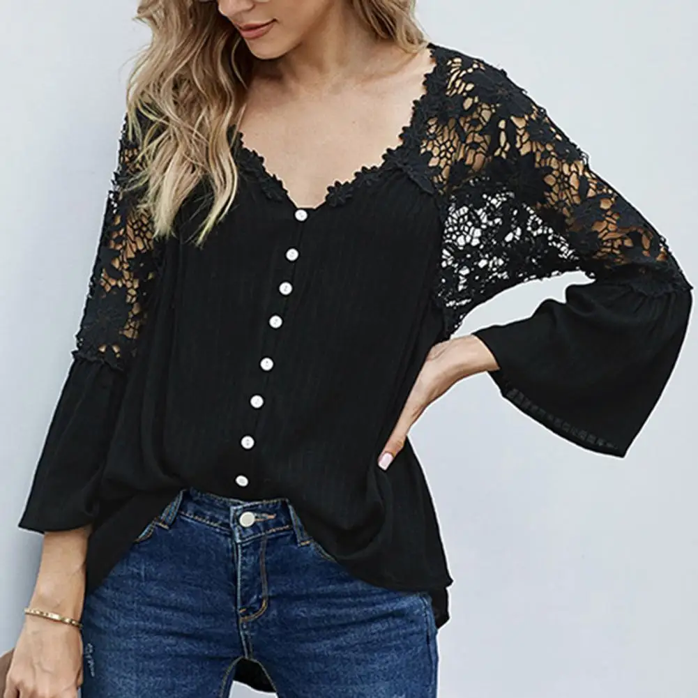 

Elegant V-Neck Long Sleeve Lace Shirt Blusas Lace V Neck Large Hem Shirt See Through Back Solid Color Flare Sleeve Shirt Blouse