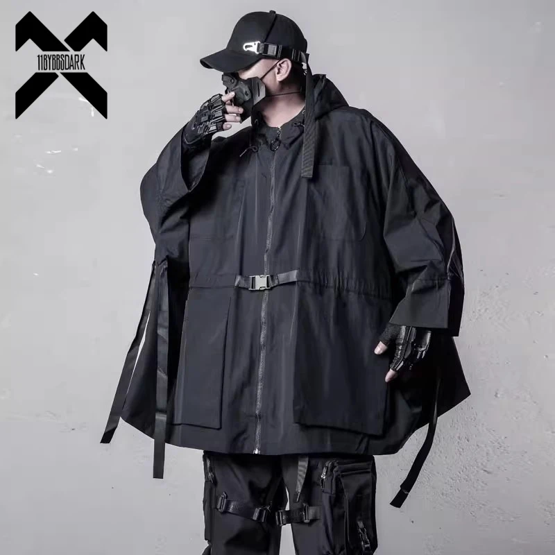 Black Hooded Wizard Trench Coat Windbreaker Men 2025 Spring Loose Functional Tactical Cloak Jacket Punk Streetwear Techwear