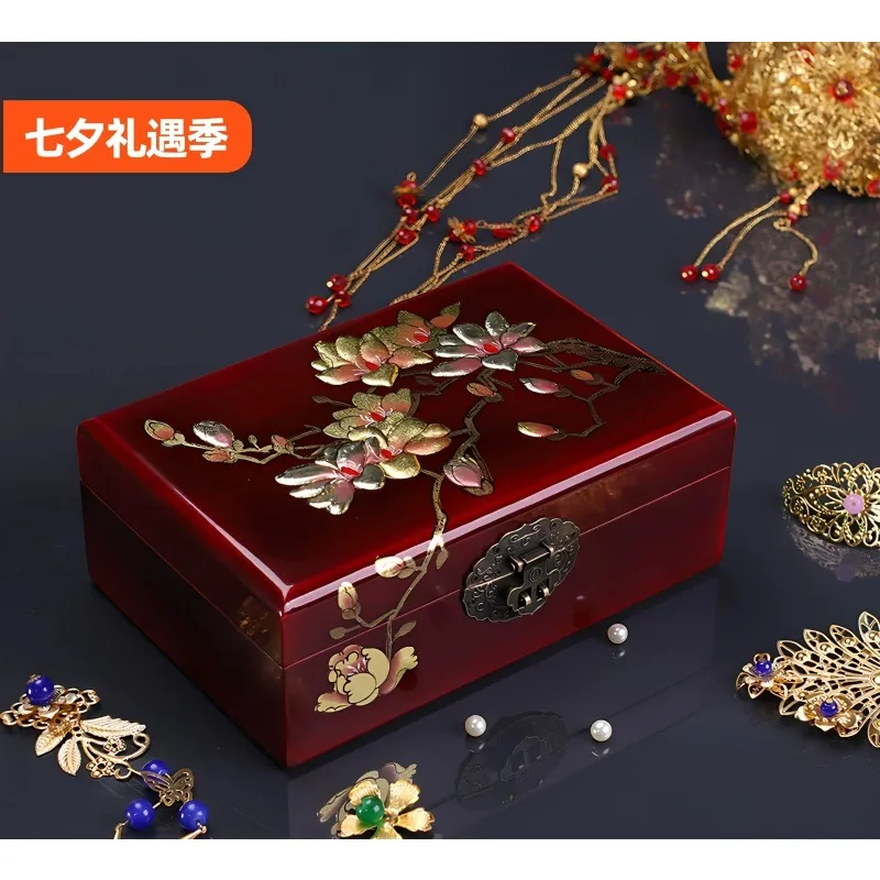 Antique wooden jewelry box, makeup, retro three gold box, jewelry box, push light lacquer, Pingyao Chinese style wedding gift