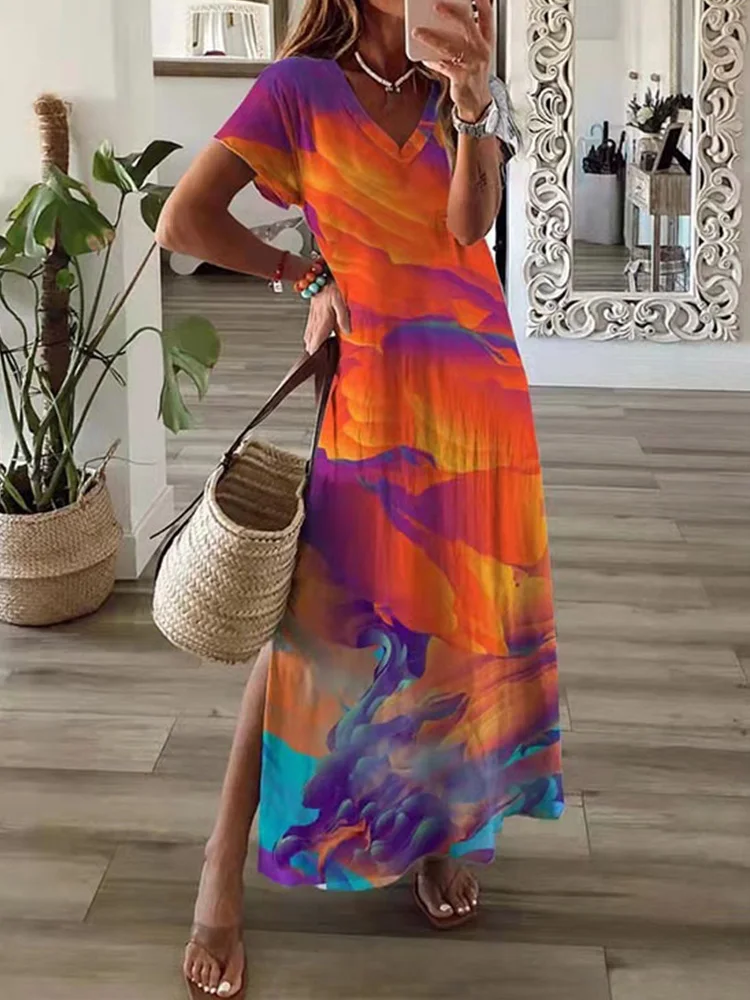 Chic t-shirt Style stampato Maxi Dress donna girocollo abiti a maniche corte abiti estivi Casual da vacanza