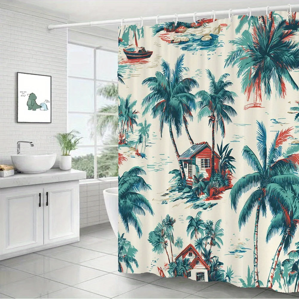 Retro Tropical Beach Pattern Palm Trees Seaside Hut Sailboat Ocean Water Illustration Bath curtain, Cozy Soft Warm Throw