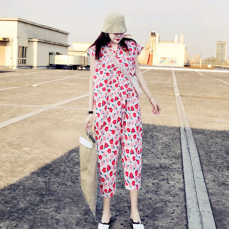 Floral Print One-Piece Summer Suit Casual ort Sve High Waist Cotton Blend Faionable Korean Sle Women's Overall Outfit