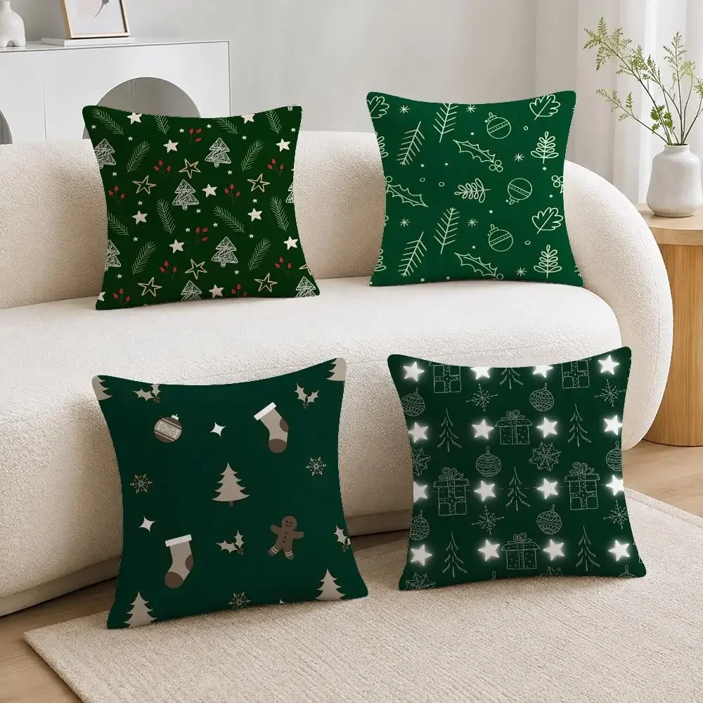 Beautiful Pattern Christmas Low Saturation Gray Green Small Tree Cushion Cover Short Plush Pillowcase, Sofa Bedroom Home Decor
