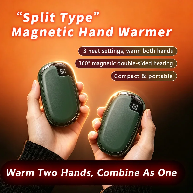 Magnetic Split 2-in-1 Hand Warmer Dual-Sided Rechargeable Pocket Heater 3Temperature Modes 3-Second Heating for Winter Outdoor