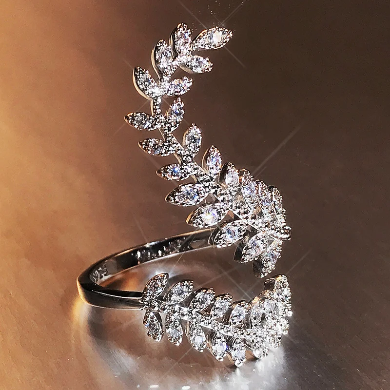 Graceful Leaves Both End of Open Ring Silver Color Girl Cocktail Party Rings Shine Crystal Zircon Fashion Women Jewelry