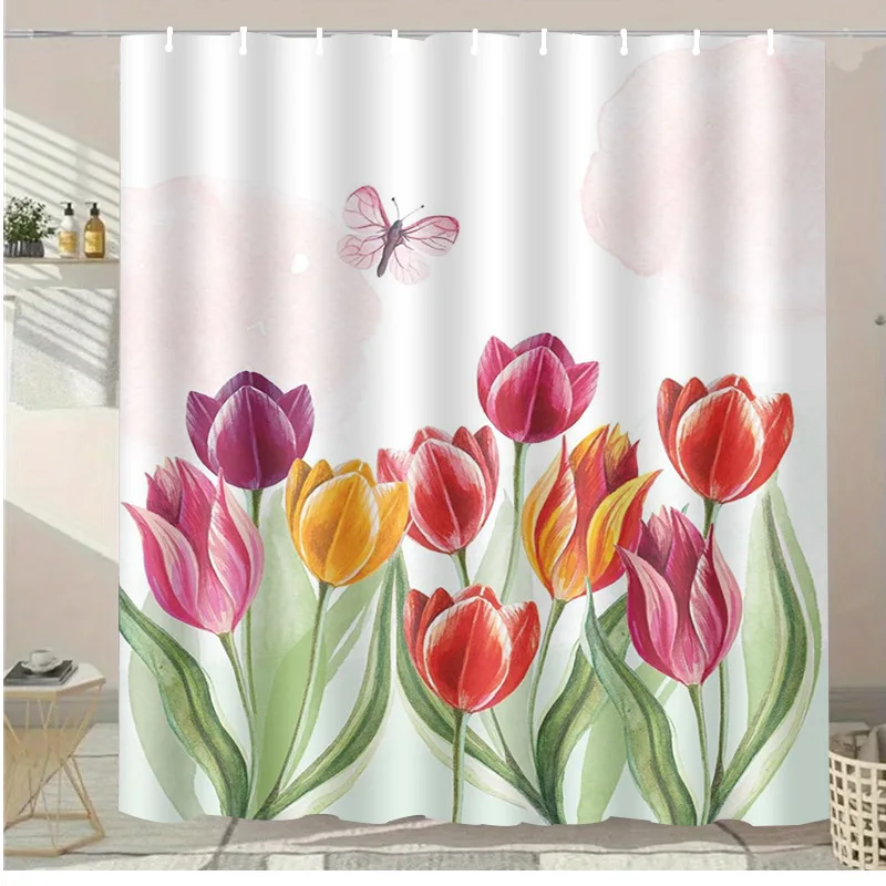 

Моющаяся грязеотталкивающая занавеска для душа с цветами тюльпана, насадка для душа, водонепроницаемая полиэстеровая занавеска для ванны для домашнего декора, аксессуары