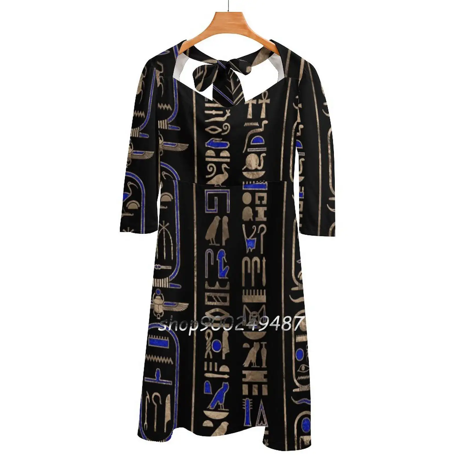 Egyptian Hieroglyphs Pattern Gold Lapis Lazuli #2 Square Neck Dress New Plus Size Elegant Women Waist Tight Dress Egyptian