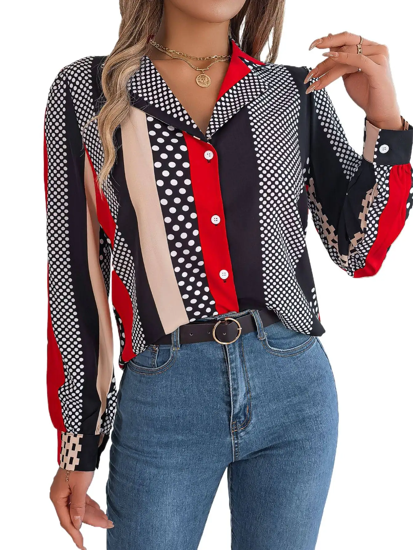 

Women's Shirt Casual Button Long Sleeve Stripe Polka Dot Print Shirts Autumn Loose Blouses Fashion Bohemian Vintage Chiffon Tops