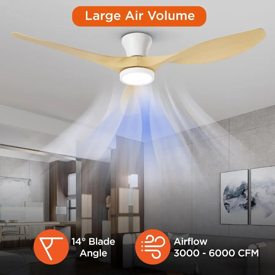 مروحة سقف مثبتة على السطح مقاس 52 بوصة مزودة بإضاءة مدمجة وجهاز تحكم عن بعد وتصميم منخفض المظهر يتميز بمحرك DC ذو وجهين وD