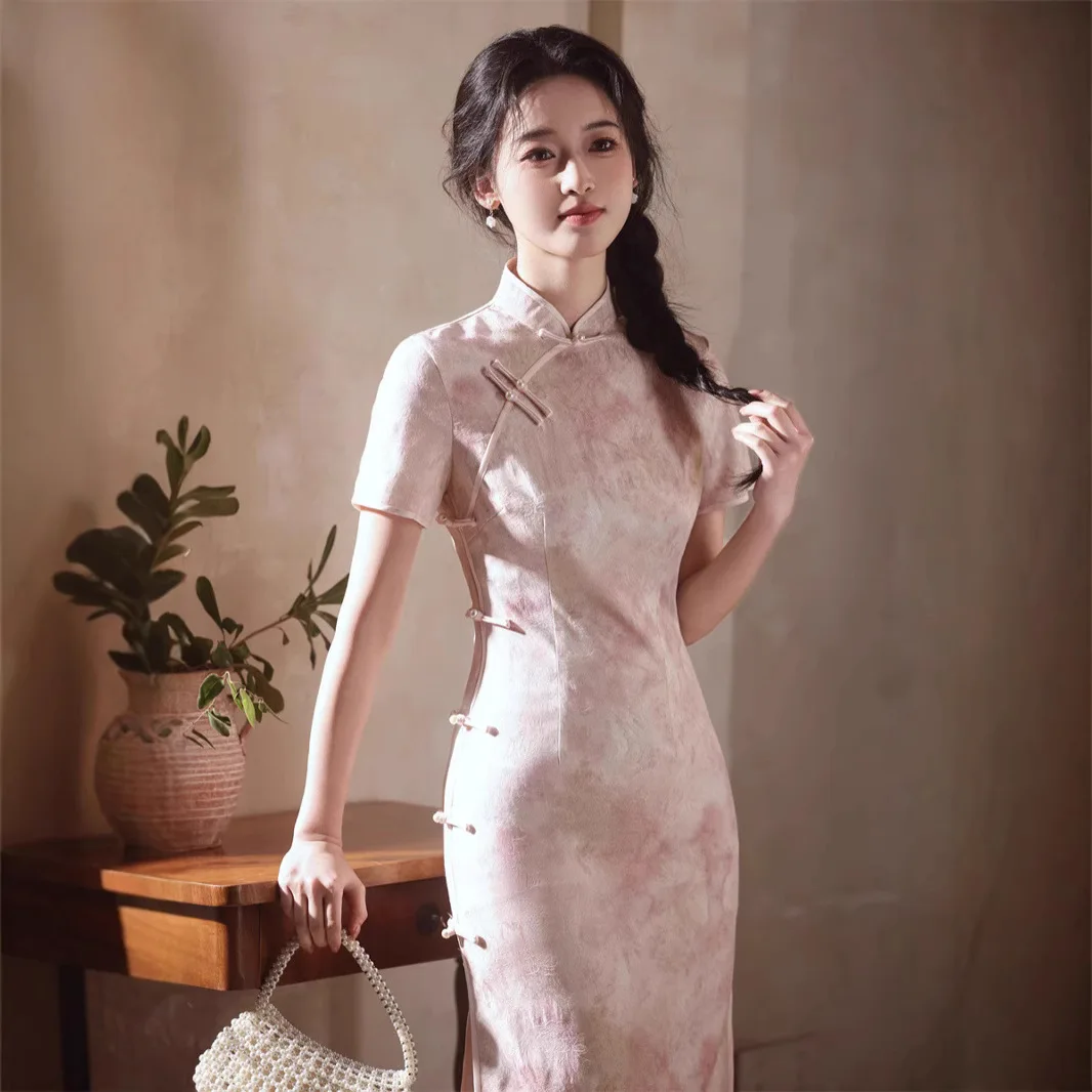 Summer Cheongsam Pink Silver Bead Short Sleeve Long Dress Modified  Chinese Traditional Dress Women  Chinese Dress Qipao SW-053