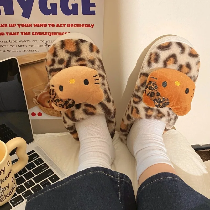 Cotton Slippers Leopard Print Hello Kitty Slippers Women'S Winter Couples Plush Warm And Non-Slip Thick Soled Indoor Slippers