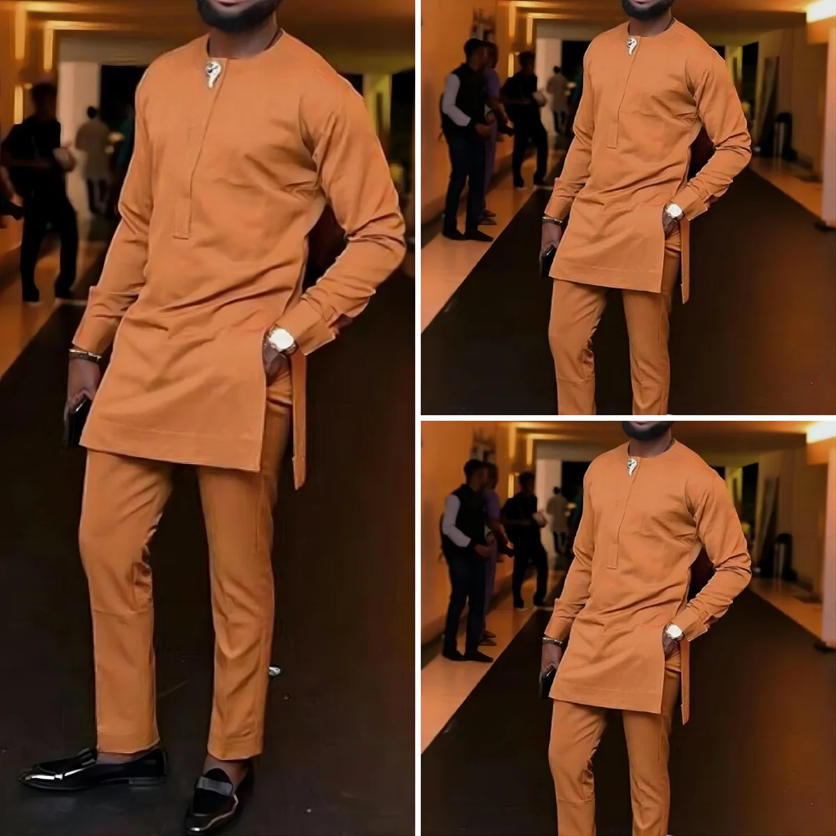 

【Dashiki 】Popular New Muslim National Style Four Seasons General Men's Orange Chest Stitching Leisure Crewneck Long Sleeve Suit