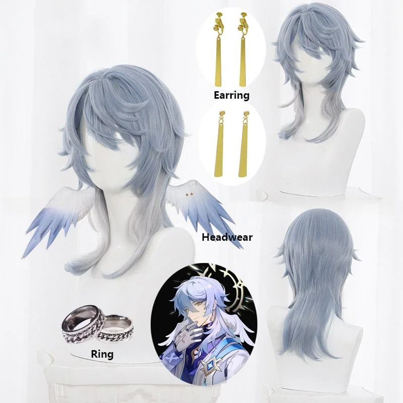 Honkai Star Rail Latest Sunday Game Cosplay Wig Light Blue Hair Mr. Sunday Uniform Prop Wind Headwear Earring Halloween Party