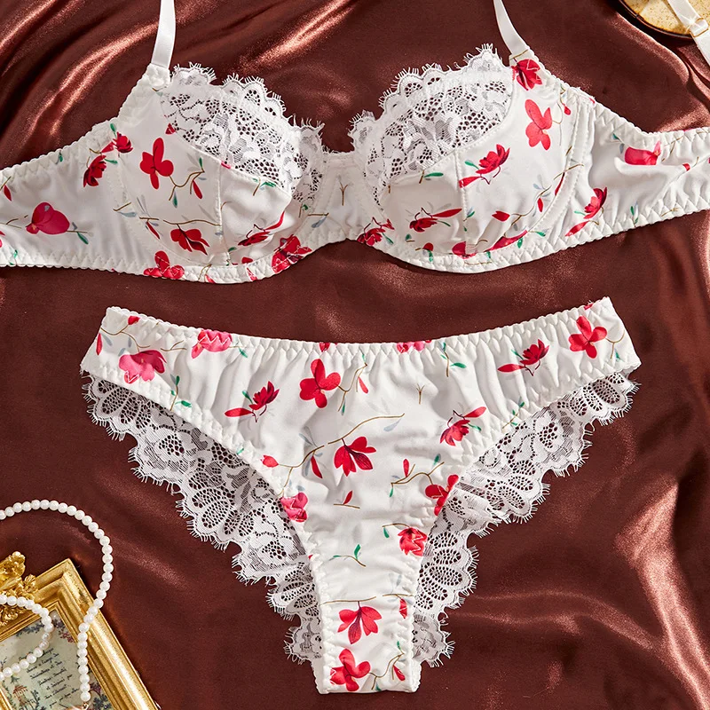 Conjunto de Lencería de Encaje Floral Color Rosa, Sexy y Puro, Estilo Francés, Ropa Interior de Dos Piezas