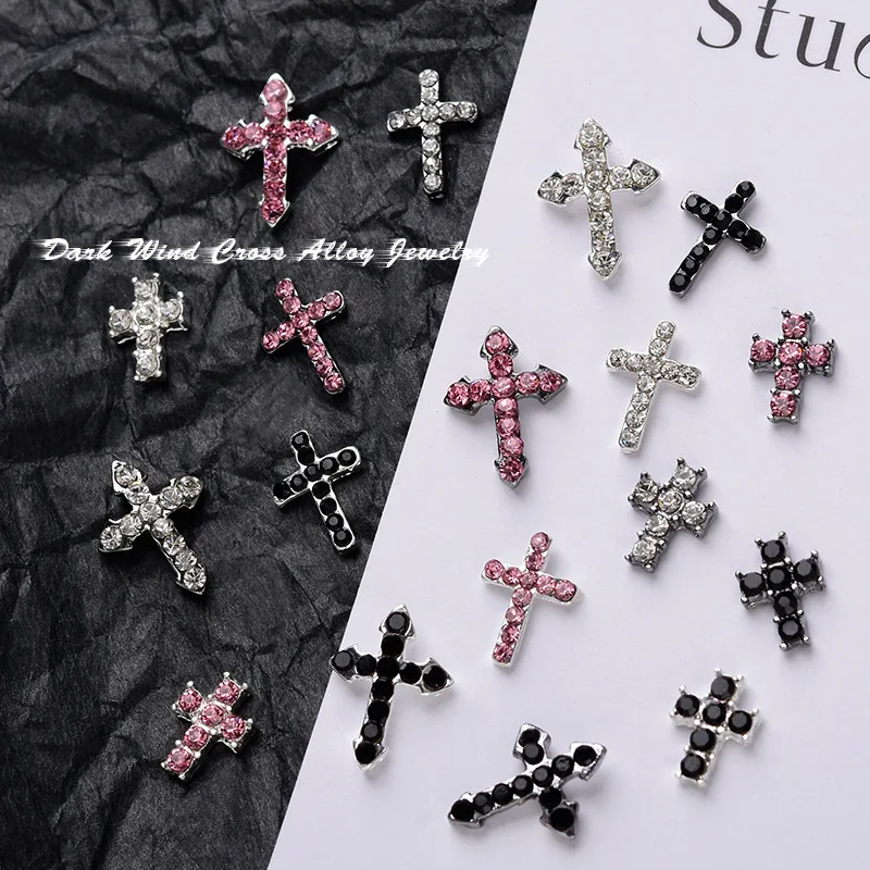 5pcs Nail Art Jewelry Cross Alloy Rhinestone Pink Super Flash Full Diamond Retro Silver Crow Heart Nail Diamond Decoration