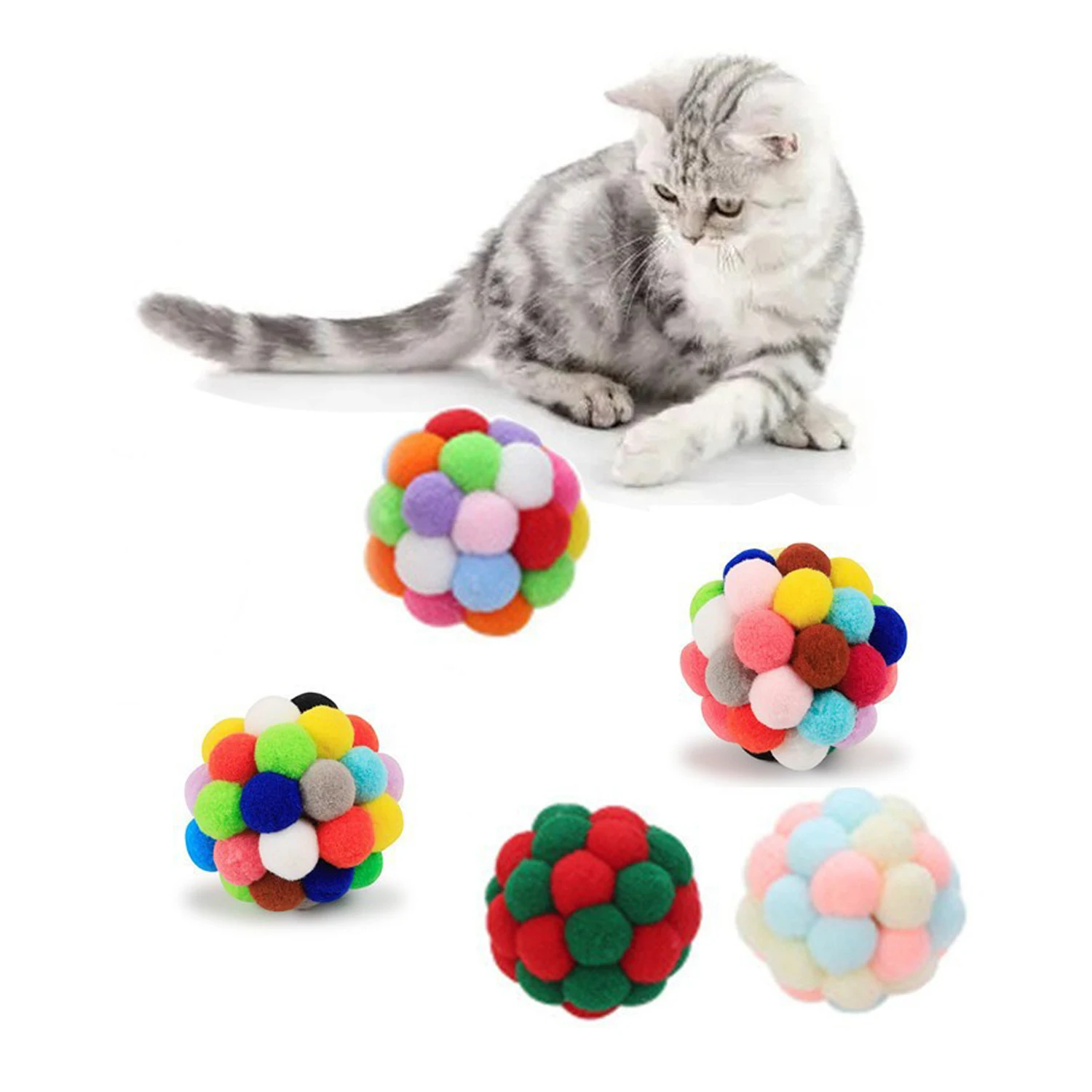 Cat Interactive Plush Ball Colorful Pom Balls Cat Toy Kitten Chasing Biting Playing Balls 4.5cm 6cm