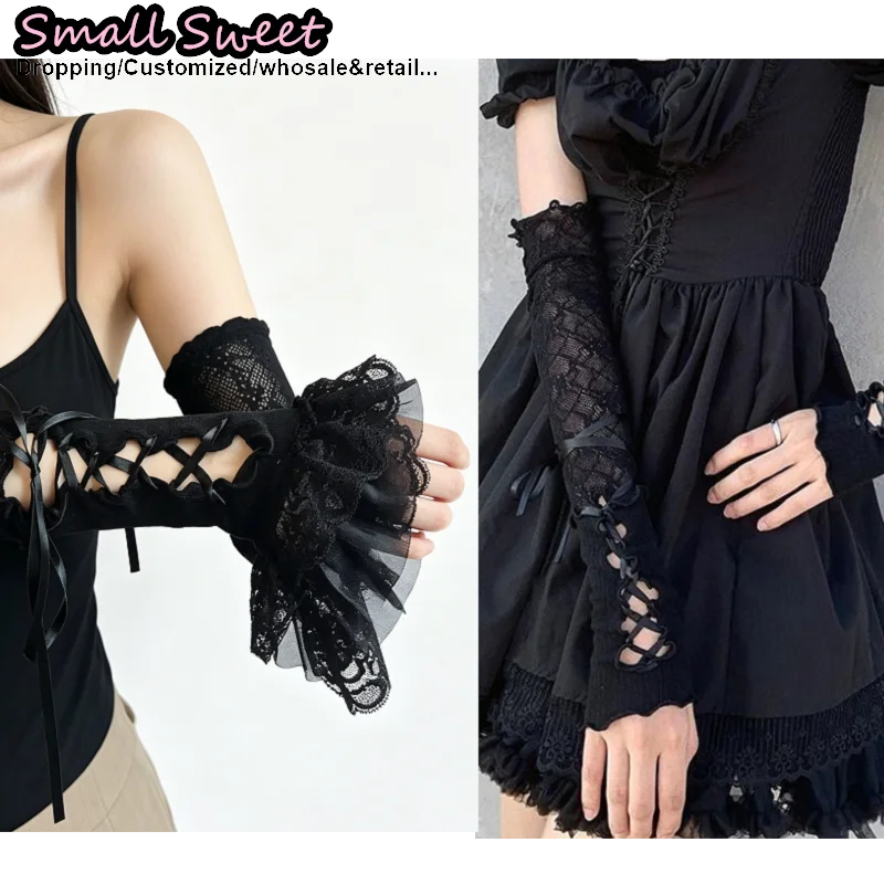

Women Subculture Y2K Girl Dark Sleeve Cuffs Personalized Binding Lace Gloves Summer Sun Protection Gothic Lace Ruffle Arm Warmer