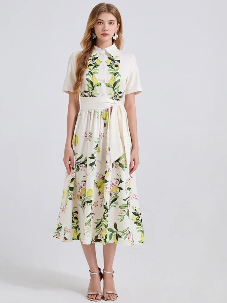 

New Summer Leaf Printed Shirt Slimming Dress High Waist Short Sleeve A-line Big Swing Runway Long Dresses