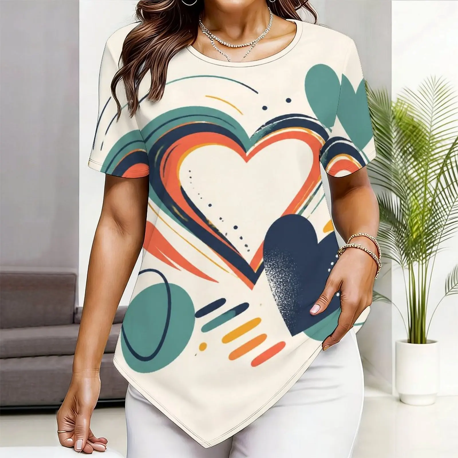 Round Neck Short Sleeve Pointed Hem Printed Top for Women