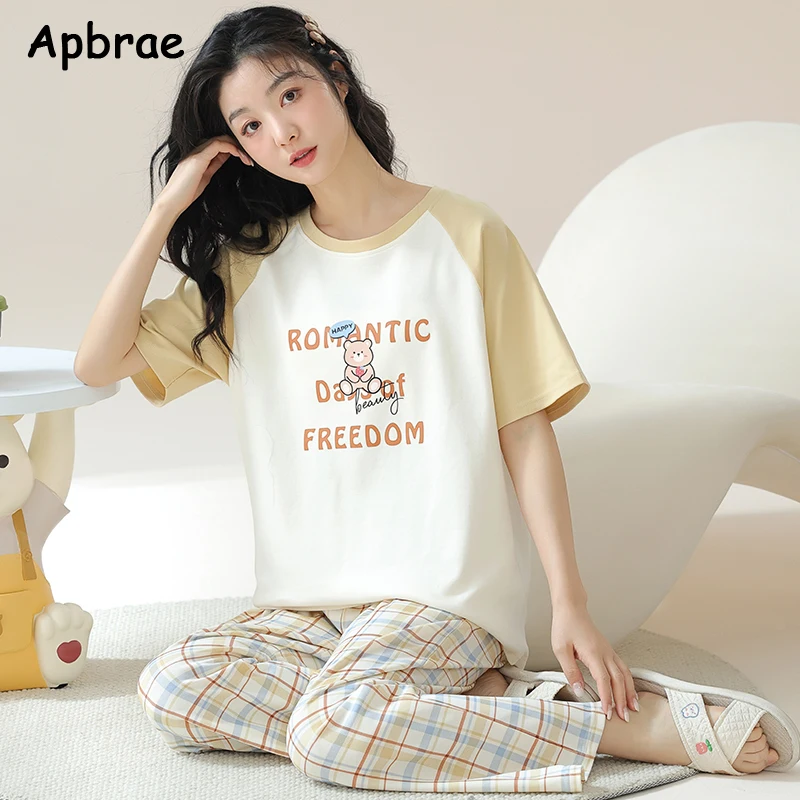 New Summer Pajama Soft Faux Cotton Pajamas for Women Short Sleeved Plaid Pants Pijamas Korean Kawaii Bear Print Sleepwear